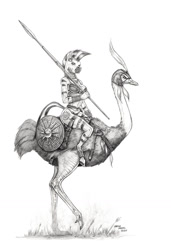 Size: 1000x1461 | Tagged: safe, artist:baron engel, character:zecora, species:anthro, species:bird, species:pony, species:unguligrade anthro, species:zebra, axe, breasts, busty zecora, female, jewelry, mare, monochrome, ostrich, pencil drawing, shield, skimpy outfit, staff, traditional art, weapon