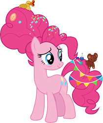 Size: 3500x4176 | Tagged: safe, artist:cloudyglow, character:pinkie pie, species:earth pony, species:pony, episode:the last problem, g4, my little pony: friendship is magic, .ai available, candy, female, food, lollipop, mare, older, older pinkie pie, rubber duck, simple background, smiling, solo, teddy bear, transparent background, vector