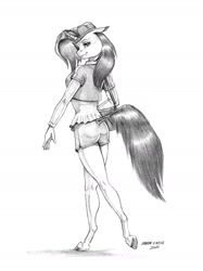 Size: 950x1273 | Tagged: safe, artist:baron engel, character:rarity, species:anthro, species:pony, species:unguligrade anthro, species:unicorn, episode:friendship university, g4, my little pony: friendship is magic, alternate hairstyle, cap, clothing, disguise, female, hat, mare, pencil drawing, plainity, shorts, solo, traditional art