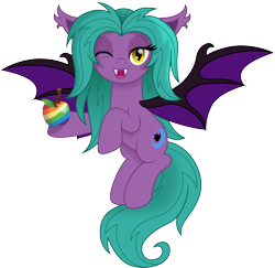 Size: 1500x1457 | Tagged: safe, artist:cloudyglow, oc, oc only, oc:purple shade, species:bat pony, species:pony, apple, bat pony oc, bat wings, commission, fangs, female, flying, food, herbivore, looking at you, mare, movie accurate, rainbow, simple background, solo, transparent background, wings, zap apple