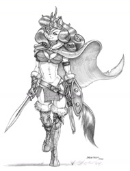 Size: 1000x1316 | Tagged: safe, artist:baron engel, character:autumn blaze, species:anthro, species:kirin, species:unguligrade anthro, armor, barbarian, belt, boots, breasts, buckler, busty autumn blaze, cape, chainmail, chainmail bikini, cleavage, clothing, female, gloves, grayscale, implied autumnjack, loincloth, midriff, monochrome, muscles, muscular female, pencil drawing, shield, shoes, simple background, solo, sword, traditional art, unconvincing armor, weapon, white background