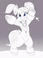 Size: 2925x4004 | Tagged: safe, artist:pabbley, character:pacific glow, species:earth pony, species:pony, armpits, belly button, bipedal, cute, female, frog (hoof), glowbetes, happy, heart, high res, leg warmers, mare, monochrome, neo noir, open mouth, pacifier, partial color, pigtails, smiling, solo, underhoof