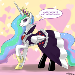 Size: 1600x1600 | Tagged: safe, artist:johnjoseco, edit, character:princess celestia, species:alicorn, species:pony, princess molestia, episode:hearts and hooves day, g4, my little pony: friendship is magic, clothing, color edit, colored, cosplay, costume, dress, female, heart, holiday, latex, latex socks, socks, solo, valentine's day