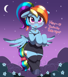 Size: 4304x4892 | Tagged: safe, artist:pabbley, character:rainbow dash, species:pegasus, species:pony, absurd resolution, adorasexy, alternate hairstyle, beautiful, beautisexy, blushing, choker, clothing, crescent moon, cute, dashabetes, date night, dawwww, dialogue, dress, ear piercing, eyelashes, female, flying, heart, heart eyes, hoof polish, hooves to the chest, little black dress, looking at you, mare, moon, night, piercing, ponytail, rainbow dash always dresses in style, see-through, sexy, shoes, socks, solo, stars, stupid sexy rainbow dash, tail wrap, thigh highs, tomboy taming, wingding eyes, zettai ryouiki