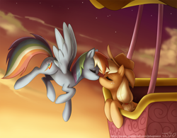 Size: 1500x1167 | Tagged: safe, artist:johnjoseco, character:applejack, character:rainbow dash, species:earth pony, species:pegasus, species:pony, ship:appledash, digital art, eyes closed, female, hot air balloon, kissing, lesbian, mare, shipping