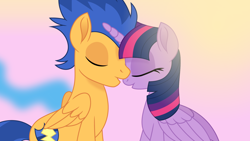 Size: 1778x1000 | Tagged: safe, artist:cloudyglow, character:flash sentry, character:twilight sparkle, character:twilight sparkle (alicorn), species:alicorn, species:pegasus, species:pony, ship:flashlight, daylight, duo, eyes closed, female, holiday, imminent kissing, male, mare, movie accurate, pastel background, shipping, stallion, straight, taylor swift, valentine's day