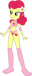 Size: 684x1615 | Tagged: safe, artist:cloudyglow, artist:marcusvanngriffin, character:strawberry sunrise, my little pony:equestria girls, alternative cutie mark placement, bedroom eyes, belly button, boots, clothing, cutie mark on human, elbow pads, equestria girls-ified, female, flower, flower in hair, grin, midriff, shoes, shorts, simple background, smiling, solo, sports, sports bra, sports shorts, tattoo, transparent background, wrestler, wrestling