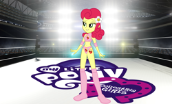 Size: 2875x1746 | Tagged: safe, artist:cloudyglow, artist:marcusvanngriffin, character:strawberry sunrise, my little pony:equestria girls, bedroom eyes, belly button, boots, clothing, cutie mark on human, elbow pads, equestria girls logo, equestria girls-ified, female, flower, flower in hair, grin, midriff, shoes, shorts, smiling, solo, sports, sports bra, sports shorts, tattoo, wrestler, wrestling, wrestling ring