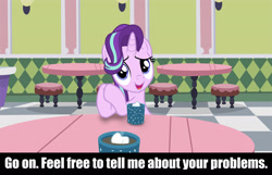 Size: 1920x1238 | Tagged: safe, artist:cloudyglow, edit, character:starlight glimmer, species:pony, species:unicorn, bronybait, caption, empathy cocoa, food, introvert's nightmare, looking at you, marshmallow, meme, restaurant, stool, table, text, vector, vector edit