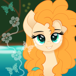 Size: 1200x1200 | Tagged: safe, artist:cloudyglow, character:pear butter, species:earth pony, species:pony, bust, butterfly, cute, female, flower, lidded eyes, looking at you, mare, movie accurate, pearabetes, solo, taylor swift