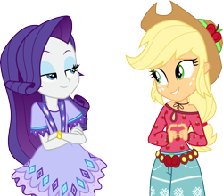 Size: 3975x3500 | Tagged: safe, artist:cloudyglow, character:applejack, character:rarity, equestria girls:legend of everfree, g4, my little pony: equestria girls, my little pony:equestria girls, .ai available, camp fashion show outfit, clothing, cowboy hat, dress, female, freckles, hat, high res, shorts, simple background, smiling, stetson, transparent background, vector