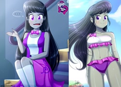 Size: 1429x1024 | Tagged: safe, artist:the-butch-x, edit, editor:thomasfan45, character:octavia melody, species:human, g4, my little pony: equestria girls, my little pony:equestria girls, ..., adorasexy, attached skirt, bare shoulders, beach, beach babe, belt, bikini, bow tie, breasts, busty octavia, butch's hello, canterlot high, clothing, cloud, collarbone, confused, cute, cutie mark, cutie mark on clothes, dialogue, disgruntled, equestria girls logo, female, frilled swimsuit, hello x, indoors, jacket, kneesocks, legs, lidded eyes, long hair, looking at you, midriff, open mouth, outdoors, raised eyebrow, sexy, signature, sitting, skirt, smiling, socks, solo, speech bubble, staircase, stupid sexy octavia, swimsuit, tavibetes, thighs, tricolor swimsuit, underass, vest