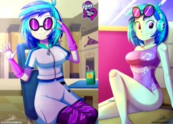 Size: 1429x1024 | Tagged: safe, artist:the-butch-x, editor:thomasfan45, character:dj pon-3, character:vinyl scratch, species:human, g4, my little pony: equestria girls, my little pony:equestria girls, adorasexy, barefoot, bikini, breasts, busty vinyl scratch, butch's hello, cafeteria, canterlot high, chair, clothing, cruise ship, cute, drinking straw, equestria girls logo, feet, female, fingerless gloves, glasses, gloves, happy, headphones, hello x, jacket, juice, juice box, leggings, legs, looking at you, lounge chair, one-piece swimsuit, sexy, signature, skirt, smiling, solo, sunglasses, swimsuit, table, thighs, vinyl's glasses, vinylbetes, waving