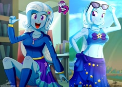 Size: 1429x1024 | Tagged: safe, artist:the-butch-x, edit, editor:thomasfan45, character:trixie, species:human, equestria girls:forgotten friendship, g4, my little pony: equestria girls, my little pony:equestria girls, adorasexy, armpits, barrette, beach, beach babe, belly button, bikini, blushing, book, breasts, busty trixie, butch's hello, canterlot high, chair, clothing, collarbone, crepuscular rays, cute, cutie mark, cutie mark on clothes, diatrixes, ear blush, equestria girls logo, female, hairclip, happy, hello x, hoodie, jacket, kneesocks, library, looking at you, midriff, minidress, open mouth, pointing at self, raised eyebrow, sarong, schrödinger's pantsu, sexy, sitting, skirt, sky, smiling, socks, solo, sunglasses, swimsuit, thighs