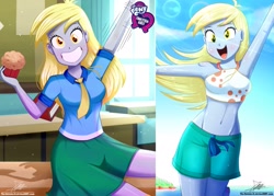 Size: 1429x1024 | Tagged: safe, artist:the-butch-x, editor:thomasfan45, character:derpy hooves, species:human, g4, my little pony: equestria girls, my little pony:equestria girls, adorasexy, armpits, beach, belly button, big grin, bikini, bikini babe, butch's hello, canterlot high, classroom, clothing, crepuscular rays, cute, derpabetes, desk, equestria girls logo, female, food, grin, happy, hello x, indoors, legs, long hair, looking at you, midriff, muffin, necktie, outdoors, sexy, shirt, shorts, sitting, skirt, smiling, solo, stupid sexy derpy, sunlight, swimsuit, waving, window, windswept hair