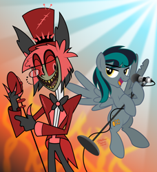 Size: 2000x2197 | Tagged: safe, artist:aleximusprime, oc, oc:blackgryph0n, species:pegasus, species:pony, alastor, birthday gift, blackgryph0n, bow tie, clothing, crossover, demon, fire, floating, flying, hat, hazbin hotel, light, microphone, singing, suit