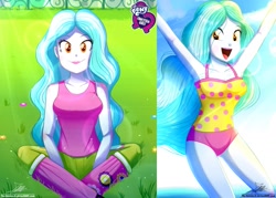 Size: 1429x1024 | Tagged: safe, artist:the-butch-x, edit, editor:thomasfan45, character:paisley, species:human, g4, my little pony: equestria girls, my little pony:equestria girls, armpits, arms in the air, background human, beach, boots, breasts, busty paisley, butch's hello, clothing, collarbone, crepuscular rays, cute, equestria girls logo, female, field, flower, grass, happy, hello x, legs, ocean, one-piece swimsuit, open mouth, pants, polka dots, sexy, shoes, signature, sitting, sky, smiling, solo, sunlight, swimsuit, tank top, thighs