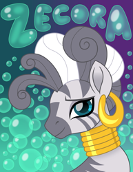 Size: 1159x1500 | Tagged: safe, artist:cloudyglow, character:zecora, species:pony, species:zebra, episode:it isn't the mane thing about you, g4, my little pony: friendship is magic, bubble, bust, ear piercing, female, jewelry, looking at you, mare, movie accurate, necklace, piercing, shampoo, solo