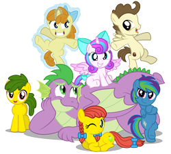 Size: 4900x4413 | Tagged: safe, artist:aleximusprime, character:pound cake, character:princess flurry heart, character:pumpkin cake, character:spike, oc, oc:annie smith, oc:apple chip, oc:storm streak, parent:applejack, parent:oc:thunderhead, parent:rainbow dash, parent:tex, parents:canon x oc, parents:texjack, species:alicorn, species:dragon, species:earth pony, species:pegasus, species:pony, species:unicorn, adult, adult spike, alternate mane six, bipedal, bipedal leaning, bow, braided pigtails, chubby, colt, crossed hooves, cute, fat, fat spike, female, filly, filly flurry heart, floating, flurry heart's story, flurrybetes, flying, foalsitter, foalsitting, group, guardian, kids, laid back, leaning, levitation, lying down, magic, male, next generation, offspring, older, older flurry heart, older pound cake, older pumpkin cake, older spike, one eye closed, pigtails, plump, prone, self-levitation, simple background, teenage spike, teenager, telekinesis, transparent background, winged spike, wink
