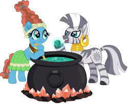 Size: 1500x1227 | Tagged: safe, artist:cloudyglow, character:meadowbrook, character:zecora, species:earth pony, species:pony, species:zebra, cauldron, female, gem, glow, headcanon, mare, movie accurate, simple background, transparent background