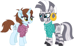 Size: 1600x1000 | Tagged: safe, artist:cloudyglow, character:zecora, oc, oc:june, species:pony, species:unicorn, ear piercing, earring, eyeshadow, fallout, fallout 4, female, jewelry, lidded eyes, makeup, mare, movie accurate, piercing, simple background, transparent background