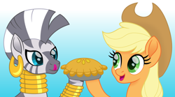 Size: 1618x900 | Tagged: safe, artist:cloudyglow, character:applejack, character:zecora, species:earth pony, species:pony, species:zebra, applejack's hat, bracelet, clothing, cowboy hat, duo, ear piercing, earring, female, food, gradient background, hat, jewelry, mare, movie accurate, necklace, pie, piercing, tongue out