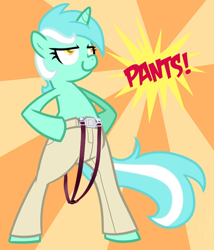Size: 680x796 | Tagged: safe, artist:egophiliac, edit, character:lyra heartstrings, species:pony, species:unicorn, artifact, bipedal, clothing, colored pupils, derp, exclamation point, female, glare, hand on hip, i like pants, lidded eyes, lyra doing lyra things, mare, pants, partial nudity, secondary 6, semi-anthro, smiling, smirk, smug, solo, sunburst background, suspenders, text, topless, wat