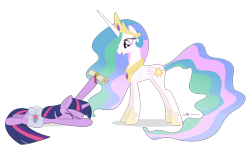 Size: 1520x900 | Tagged: safe, artist:dm29, character:princess celestia, character:twilight sparkle, species:alicorn, species:pony, species:unicorn, duo, duo female, female, mare, prone, saddle bag, scroll, simple background, tired, transparent background