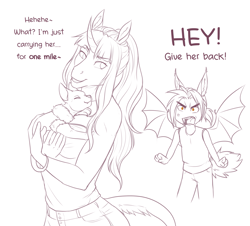Size: 2703x2446 | Tagged: safe, artist:askbubblelee, oc, oc only, oc:rosie quartz, oc:victor bates, species:anthro, species:bat pony, species:pony, species:unicorn, angry, anthro oc, bat pony oc, carrying, cat, clothing, dialogue, digital art, female, leonine tail, male, mare, simple background, sketch, smiling, stallion, vicsie, white background, yelling