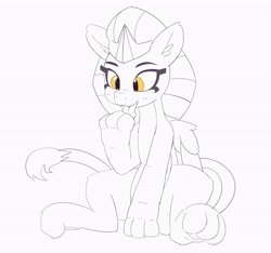 Size: 4096x3839 | Tagged: safe, artist:pabbley, character:sphinx, species:sphinx, cats doing cat things, claws, fangs, female, licking, monochrome, neo noir, open mouth, partial color, paws, simple background, sitting, smiling, solo, sphinxdorable, tongue out, white background