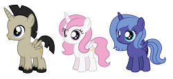 Size: 4721x2179 | Tagged: safe, artist:aleximusprime, character:discord, character:princess celestia, character:princess luna, species:alicorn, species:pony, accord (alicorn), age of the alicorns, age regression, age spell, aged down, children, colt, cute, discute, female, filly, filly celestia, filly luna, flurry heart's story, foal, male, pink hair celestia, pink-mane celestia, s1 luna, show accurate, simple background, transparent background, woona, young, young discord, younger
