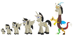 Size: 4000x1931 | Tagged: safe, artist:aleximusprime, character:discord, species:alicorn, species:draconequus, species:pony, accord (alicorn), adolescence, adult, age of the alicorns, age progression, baby, baby pony, child, colt, evolution chart, flurry heart's story, foal, headcanon, kid, male, pony discord, simple background, solo, teenager, transparent background, young discord, younger