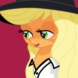 Size: 1500x1500 | Tagged: safe, artist:cloudyglow, character:applejack, species:earth pony, species:pony, bust, clothing, female, freckles, hat, lidded eyes, mare, movie accurate, red (song), red background, simple background, taylor swift