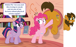 Size: 4718x2933 | Tagged: safe, artist:aleximusprime, character:pinkie pie, character:twilight sparkle, character:twilight sparkle (alicorn), oc, oc:alex the chubby pony, species:alicorn, species:earth pony, species:pony, book, breaking the fourth wall, butt, chubby, escape, facial hair, failed attempt, fat, flank, fourth wall, goatee, golden oaks library, large butt, library, physically impossible, physics, plot, plump, pushing, stuck, too fat to get through