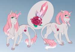 Size: 2935x2016 | Tagged: safe, artist:askbubblelee, oc, oc only, oc:rosie quartz, species:pony, species:unicorn, blushing, curved horn, digital art, female, glowing horn, gradient background, horn, leonine tail, mare, reference sheet, solo