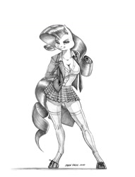 Size: 1055x1382 | Tagged: safe, artist:baron engel, character:rarity, species:anthro, species:pony, species:unguligrade anthro, species:unicorn, breasts, cleavage, clothing, colored hooves, female, grayscale, mare, miniskirt, monochrome, pencil drawing, pleated skirt, school uniform, shoes, simple background, skirt, socks, solo, stockings, story included, thigh highs, traditional art, white background, zettai ryouiki