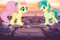 Size: 3000x2000 | Tagged: safe, artist:cloudyglow, artist:jerryakiraclassics19, character:fluttershy, character:sandbar, species:earth pony, species:pegasus, species:pony, episode:the last problem, g4, my little pony: friendship is magic, building, copenhagen, denmark, duo, female, giant pony, giantess, highrise ponies, irl, macro, male, mare, older, older fluttershy, older sandbar, photo, ponies in real life, raised hoof, stallion, story included, sunrise