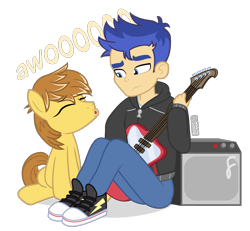 Size: 975x900 | Tagged: safe, artist:dm29, character:feather bangs, character:flash sentry, species:earth pony, species:pony, my little pony:equestria girls, awoo, behaving like a dog, converse, guitar, musical instrument, shoes, simple background, transparent background, vincent tong, voice actor joke