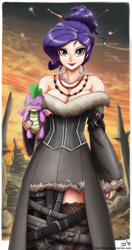 Size: 1100x2078 | Tagged: safe, artist:johnjoseco, artist:king-kakapo, character:rarity, character:spike, species:human, alternate hairstyle, beautiful, breasts, busty rarity, cleavage, clothing, collaboration, colored, doll, dress, female, final fantasy, final fantasy x, hair bun, hairpin, humanized, lulu (final fantasy), simple background, solo, toy