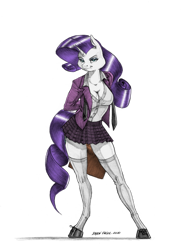 Size: 1055x1382 | Tagged: safe, artist:baron engel, edit, character:rarity, species:anthro, species:pony, species:unguligrade anthro, species:unicorn, g4, breasts, cleavage, clothing, color edit, colored, colored hooves, female, mare, miniskirt, pencil drawing, plaid, plaid skirt, pleated skirt, school uniform, shoes, simple background, skirt, socks, solo, stockings, thigh highs, traditional art, transparent background, zettai ryouiki