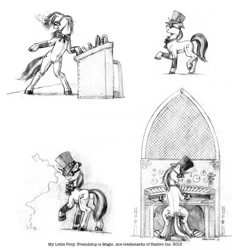 Size: 1186x1280 | Tagged: safe, artist:baron engel, character:dj pon-3, character:vinyl scratch, species:pony, species:unicorn, both cutie marks, bow tie, clothing, female, grayscale, hat, mare, monochrome, musical instrument, organ, pencil drawing, plot, solo, steampunk, top hat, traditional art