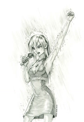 Size: 950x1377 | Tagged: safe, artist:baron engel, character:rainbow dash, my little pony:equestria girls, armpits, black dress, breasts, busty rainbow dash, clothing, commissioner:ajnrules, dress, female, little black dress, microphone, monochrome, pencil drawing, rain, rainbow dash always dresses in style, singing, singing in the rain, sketch, solo, traditional art, wet, wet clothes, wet dress