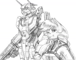 Size: 1400x1102 | Tagged: safe, artist:baron engel, character:applejack, species:anthro, species:earth pony, species:pony, clothing, female, grayscale, gun, macross, mare, monochrome, pencil drawing, robot, robotech, simple background, solo, traditional art, vf-1 valkyrie, weapon, white background