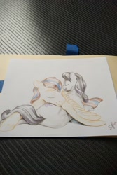 Size: 2704x4056 | Tagged: safe, artist:silfoe, character:octavia melody, oc, oc:bluetec, species:earth pony, species:pegasus, species:pony, butt pillow, canon x oc, female, male, mare, pegasus oc, photo, shipping, sleeping, stallion, traditional art, wing blanket, wings