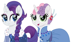 Size: 2348x1400 | Tagged: safe, artist:cloudyglow, character:rarity, character:sweetie belle, species:pony, species:unicorn, alternate hairstyle, anna, belle sisters, clothing, crossover, cute, diasweetes, disney, dress, elsa, female, frozen (movie), movie accurate, princess anna belle, queen elsarity, siblings, simple background, sisters, transparent background
