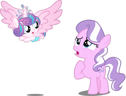 Size: 4428x3390 | Tagged: safe, artist:cloudyglow, artist:concordisparate, edit, editor:slayerbvc, character:diamond tiara, character:princess flurry heart, species:alicorn, species:earth pony, species:pony, accessory theft, accessory-less edit, baby, baby pony, diamond tiara's tiara, diaper, edited edit, female, filly, flying, foal, jewelry, looking back, looking up, missing accessory, raised hoof, simple background, spread wings, tiara, transparent background, underhoof, upset, vector, vector edit, wings