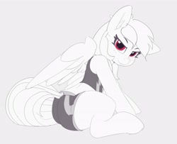Size: 4096x3331 | Tagged: safe, artist:pabbley, character:rainbow dash, species:pegasus, species:pony, bra, clothing, ear fluff, female, gray background, lidded eyes, looking at you, mare, monochrome, neo noir, partial color, shorts, simple background, sitting, smiling, solo, sports bra, sports shorts, underwear, workout outfit