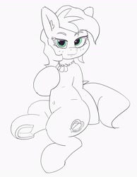 Size: 2759x3561 | Tagged: safe, artist:pabbley, species:earth pony, species:pony, belly button, ear fluff, female, frog (hoof), high tide (g4), jewelry, lidded eyes, looking at you, mare, monochrome, necklace, neo noir, partial color, raised hoof, sitting, smiling, solo, underhoof
