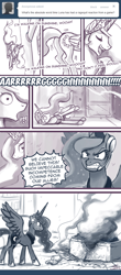 Size: 600x1361 | Tagged: safe, artist:johnjoseco, character:princess celestia, character:princess luna, species:alicorn, species:pony, ask princess molestia, gamer luna, princess molestia, angry, comic, fainting goat, female, funny, funny as hell, headset, mare, monochrome, on side, rage, traditional royal canterlot voice, walking on sunshine