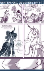 Size: 600x970 | Tagged: safe, artist:johnjoseco, character:princess celestia, character:princess luna, species:alicorn, species:pony, species:unicorn, ask princess molestia, princess molestia, bandage, chair, clothing, comic, dining table, dress, female, food, maid, mare, monochrome, plate, ponytail